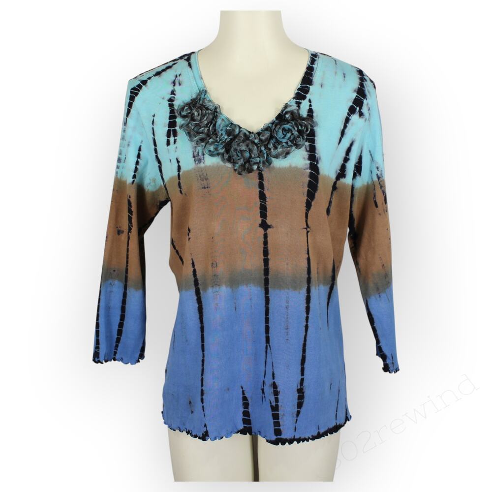 Nature Art by Lynn Yang Tie Dye L Artisan Couching Swirl Lettuce Hem Turquoise